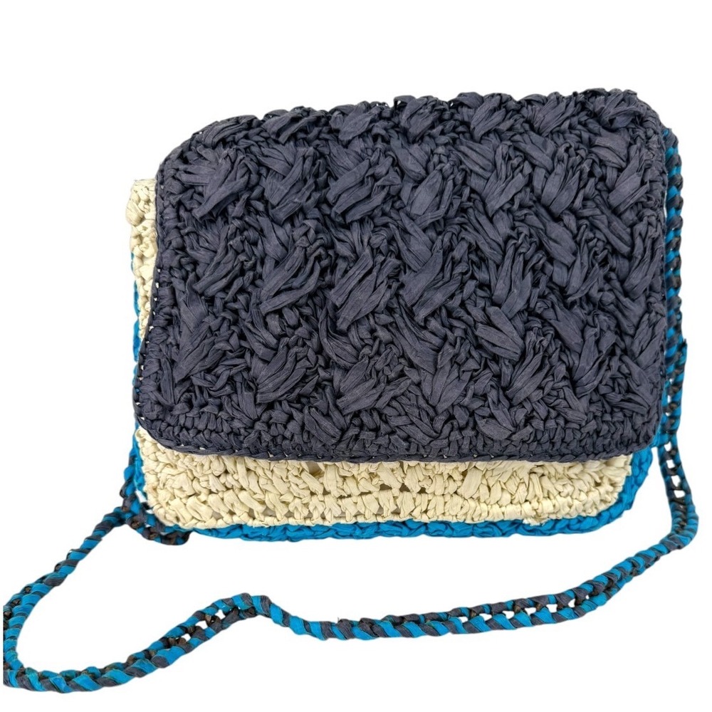 J.Crew Woven Raffia Colorblock Crossbody Bag Purse Navy Cream Preppy Lightweoght